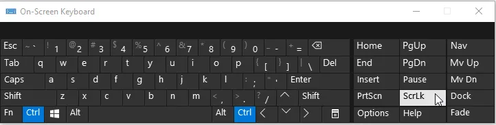 The ScrLk key on the Windows on-screen keyboard