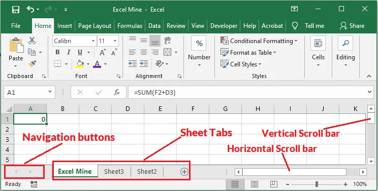 Excel sheet tabs, navigation arrows and scroll bars at the bottom of the window