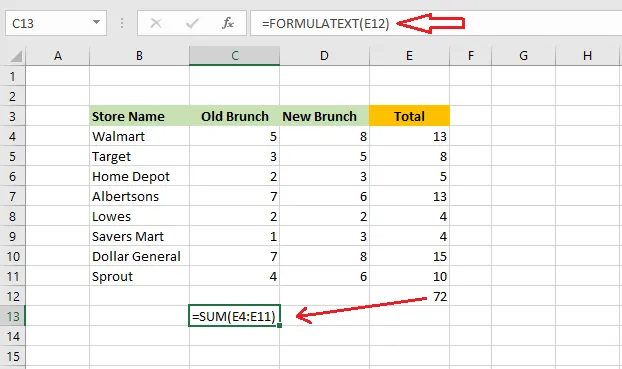 FORMULATEXT showing the formula of E12 in C13