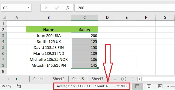 The Excel status bar showing the average, count and sum of the selected cells