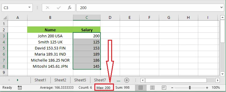 The status bar showing the maximum value of the selected cells