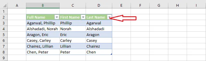 The finished Excel table with sort and filter arrows in the header row