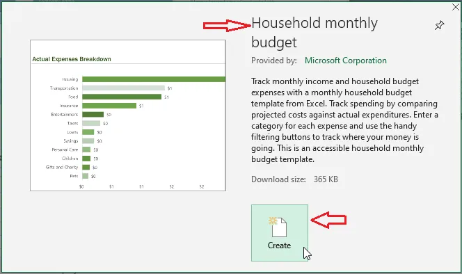 The Create button in the template preview