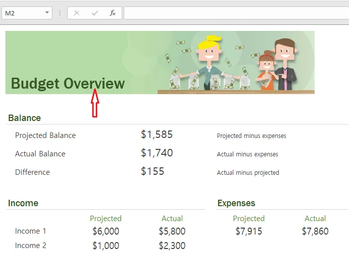 A new workbook created from the budget template