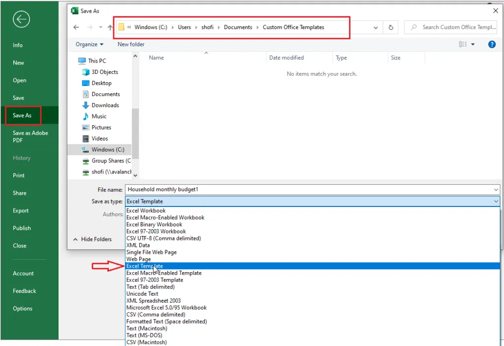 Choosing Excel Template as the file type