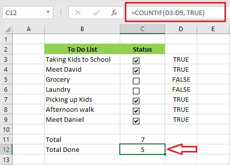 The COUNTIF formula counting 5 of 7 tasks done