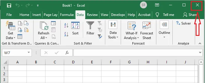 The close button in the top-right corner of the Excel window
