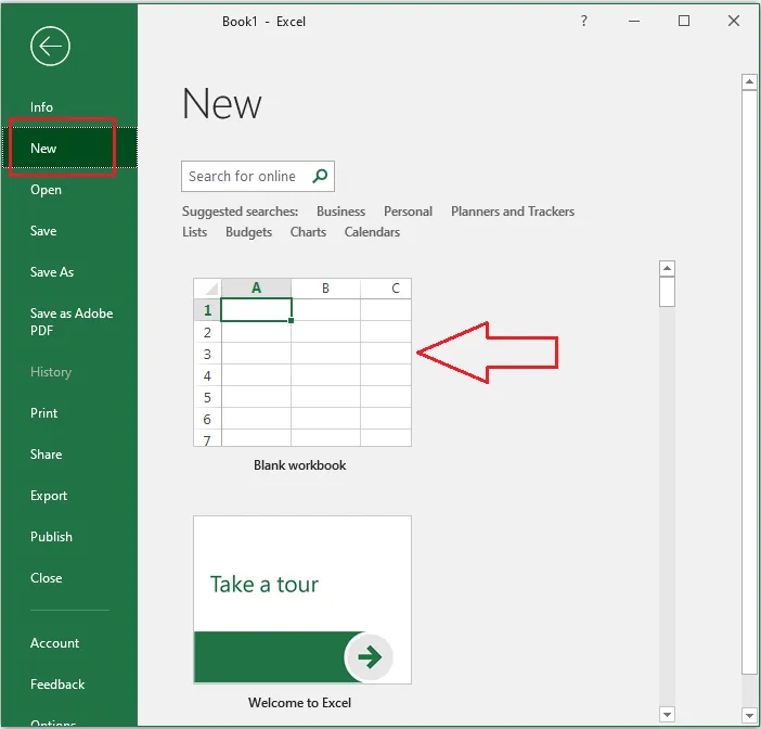 Choosing Blank workbook on the New screen