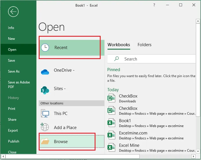 The Open screen in Excel listing recent workbooks