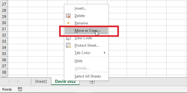 Right-clicking a sheet tab and choosing Move or Copy