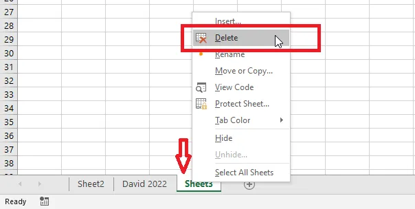 Right-clicking Sheet3 and choosing Delete