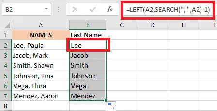 The LEFT formula extracting last names before a comma