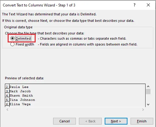 Choosing Delimited in step 1 of the wizard