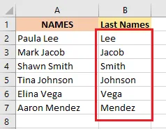 The last names filled in by Flash Fill