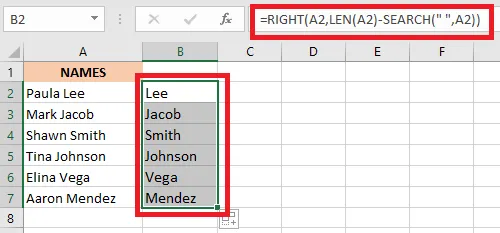 The RIGHT, LEN and SEARCH formula extracting last names