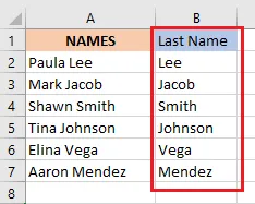 The last names in column B