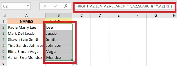 The formula extracting last names after a middle name