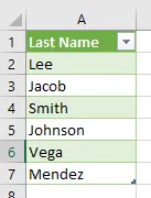 A new sheet with the last names