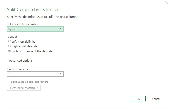The Split Column by Delimiter dialog box