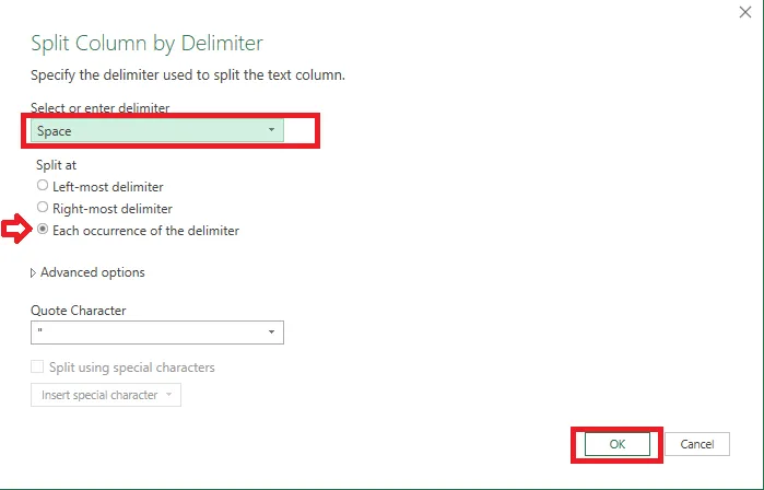 Choosing Space and Each occurrence of the delimiter