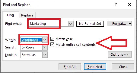 Find options with Workbook, Match case and Match entire cell contents