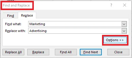 The Options button in the Find and Replace dialog box