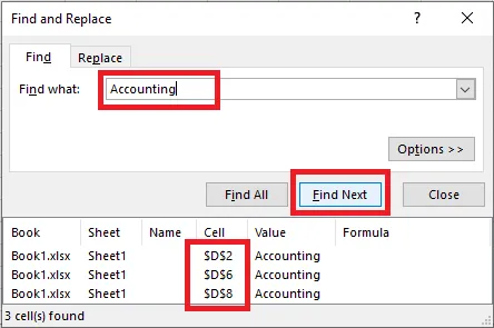 Find Next selecting the cell with Accounting