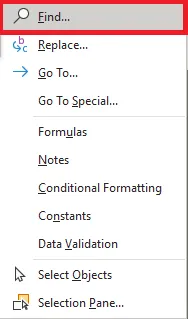 Choosing Find from the Find & Select menu