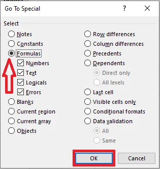Choosing Formulas in the Go To Special dialog box