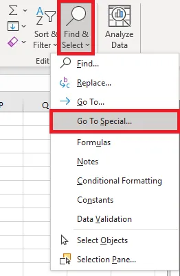 Choosing Go To Special from the menu