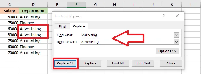 All matches replaced with Replace All