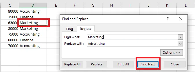 Find Next selecting the first Marketing cell