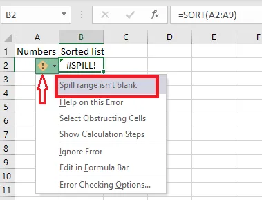 The warning menu showing the cause of the #SPILL! error