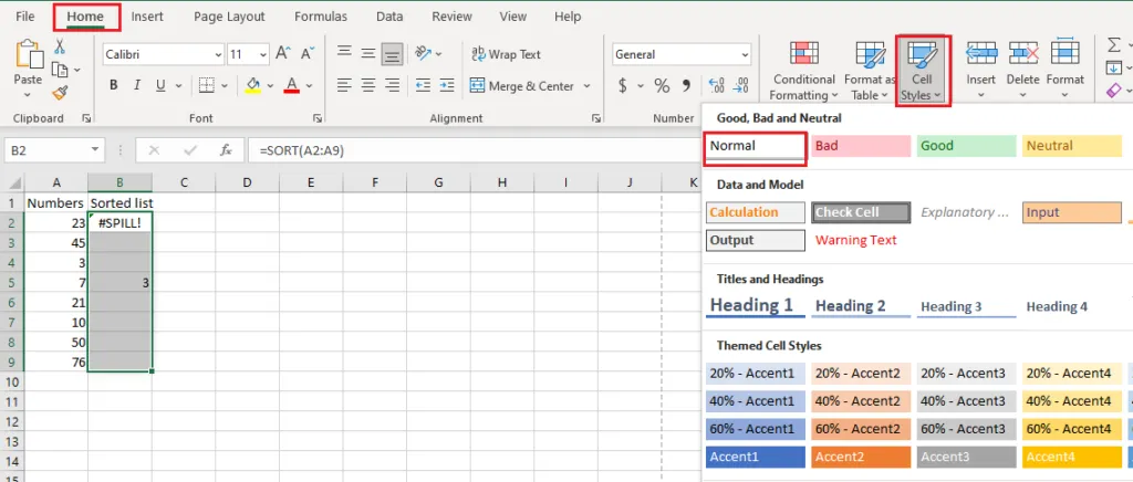 Resetting the formatting with the Normal cell style