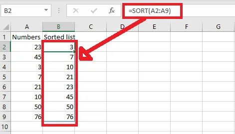 A SORT formula in B2 spilling into B2:B9