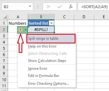 A spilling formula inside a table showing #SPILL!