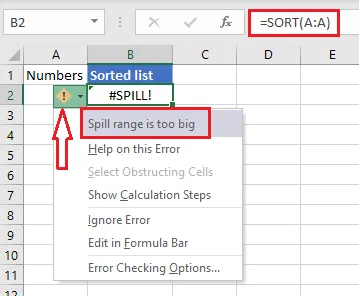 A whole-column SORT running off the sheet