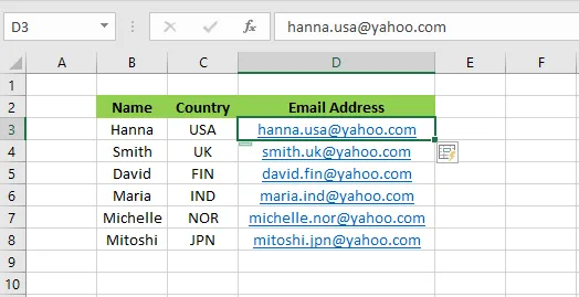 Flash Fill creating an email address for each name