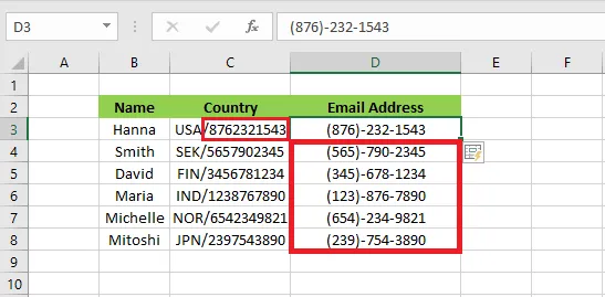 Phone numbers formatted by Flash Fill