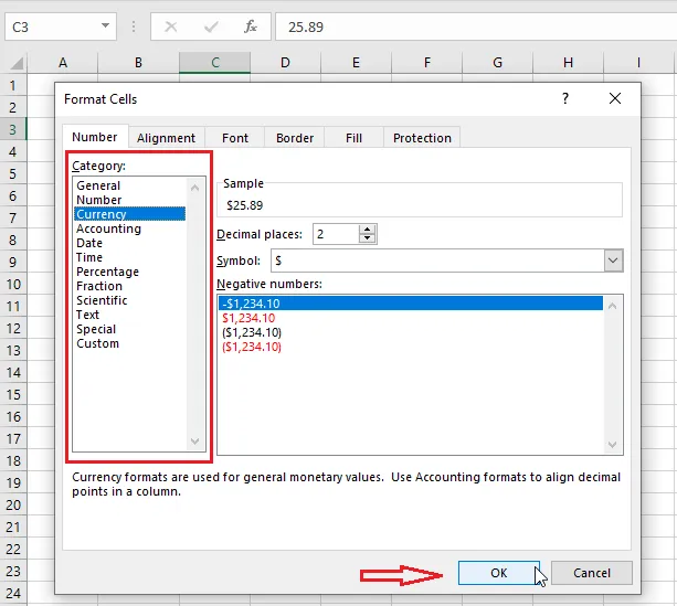 Choosing Currency in the Format Cells dialog box