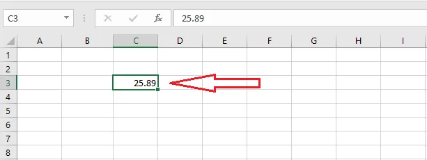 The number 25.89 typed in cell C3