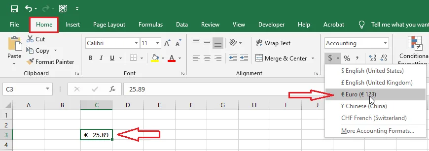 Choosing Euro from the currency button on the Home tab
