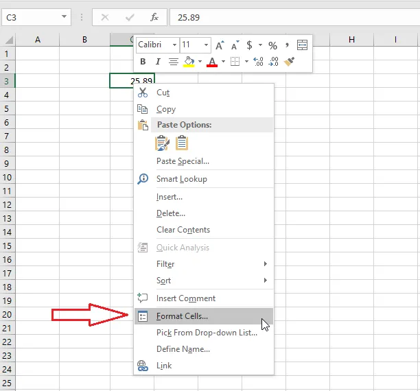 Right-clicking C3 and choosing Format Cells