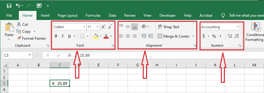 The Font, Alignment and Number groups on the Home tab