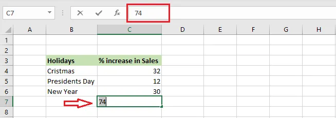 The formula replaced by its value after pressing F9