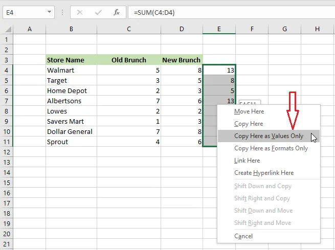 Choosing Copy Here as Values Only