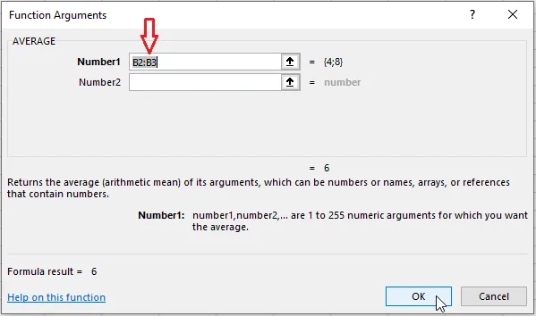 The Function Arguments dialog box for AVERAGE