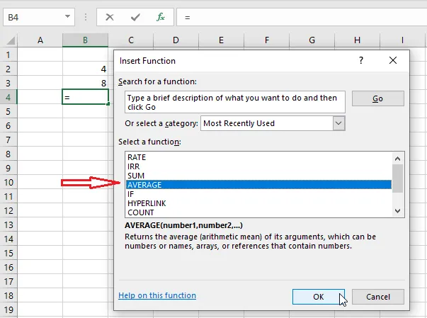 Searching for AVERAGE in the Insert Function dialog box