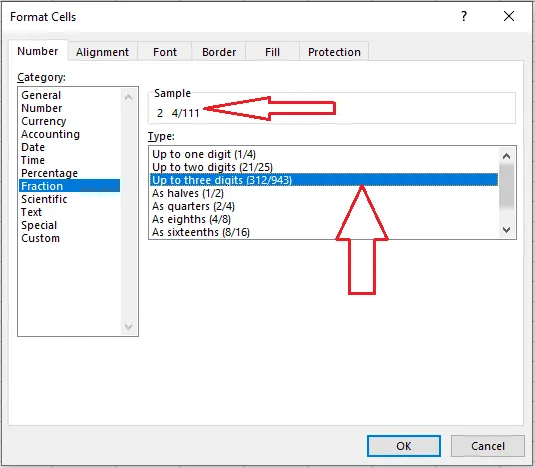 Opening Format Cells to change the fraction type