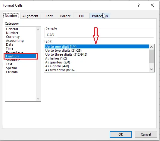 The Format Cells dialog box showing the Up to one digit fraction format